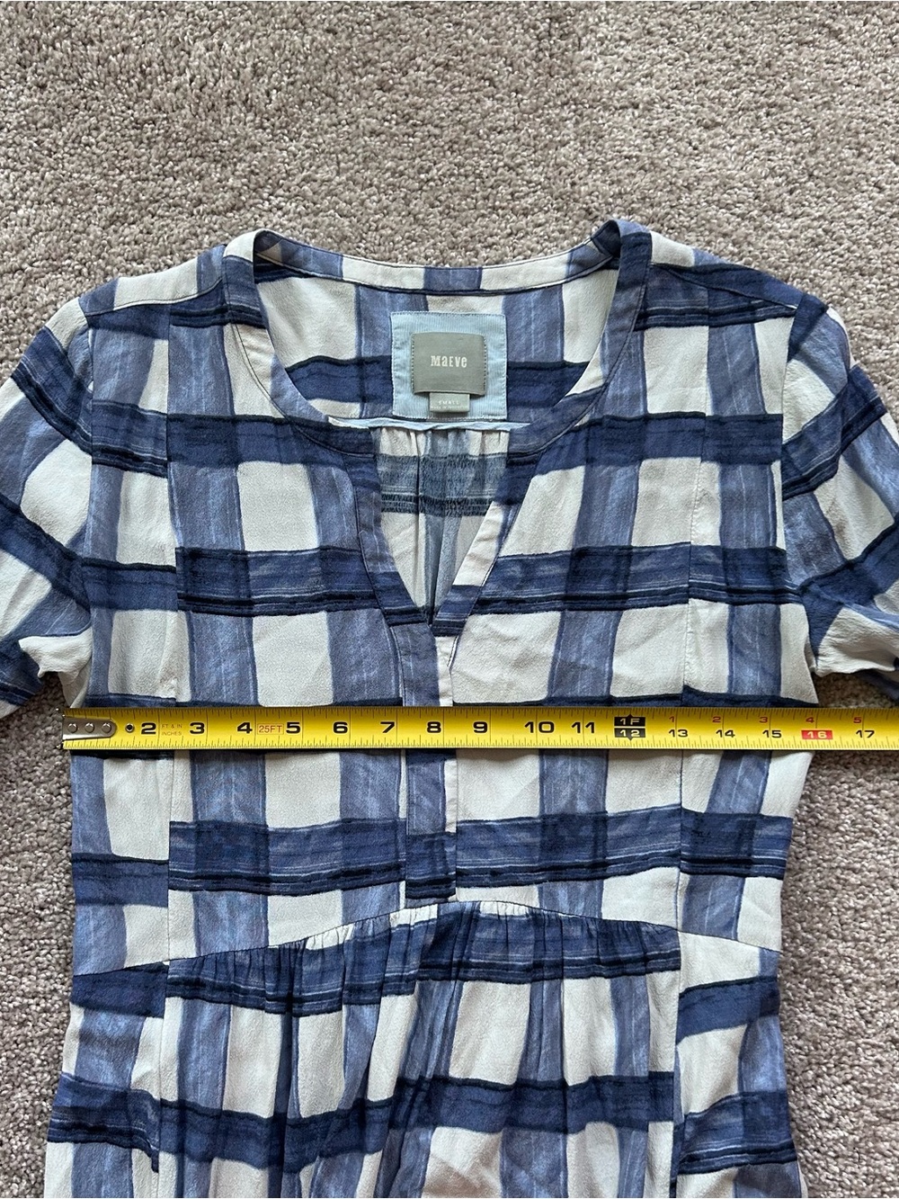 Maeve Anthropologie Blue And White Plaid Split Neck Shirt Dress Size Small - Picture 10 of 13
